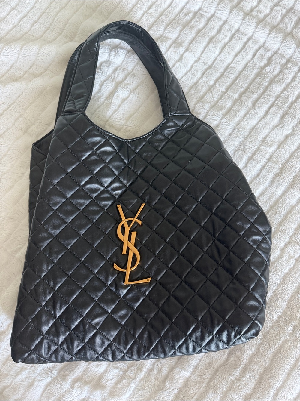 Saint Laurent Quilted Black Leather Tote with Gold YSL Emblem